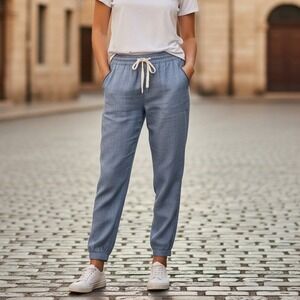 Athleta Cabo Linen Jogger Chambray Blue Womens Size 4 Zip Pockets Drawstring